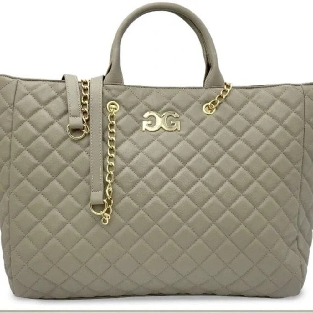 Gilda Paris Large Quilted Tote Bag in Taupe with Luggage Handle Slot NWT